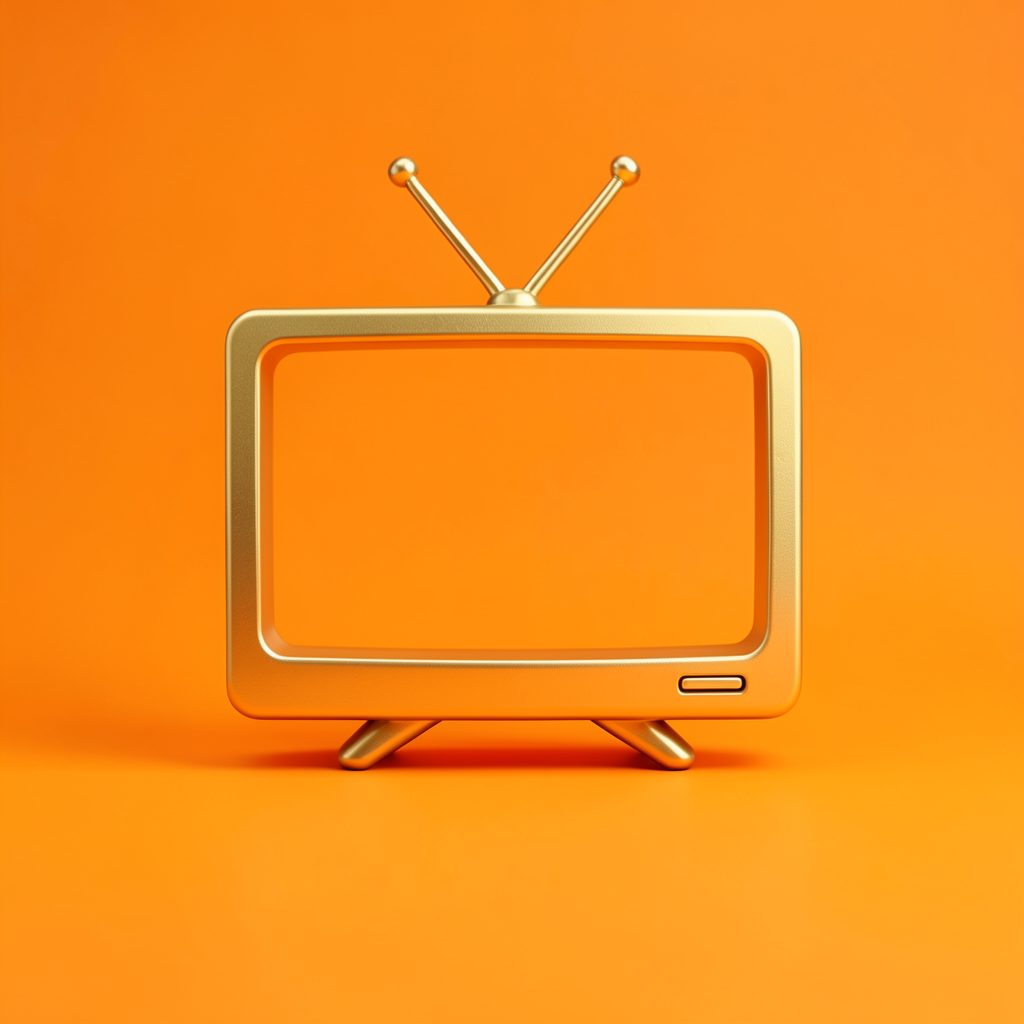 A golden icon symbol representing a television screen, crisp studio photograph on a seamless backdrop