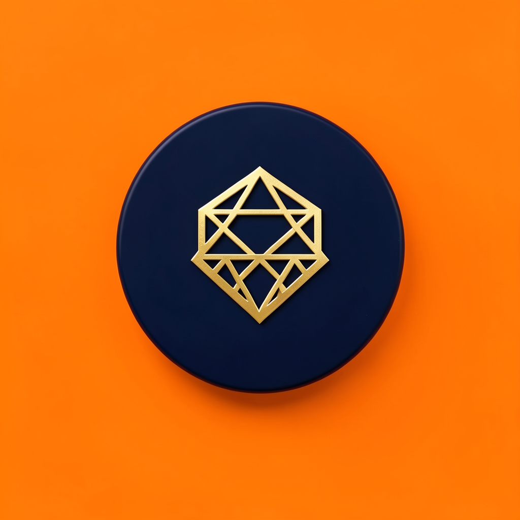A circular brand badge with a deep navy background and a golden geometric emblem at the center, crisp studio photograph on a seamless backdrop