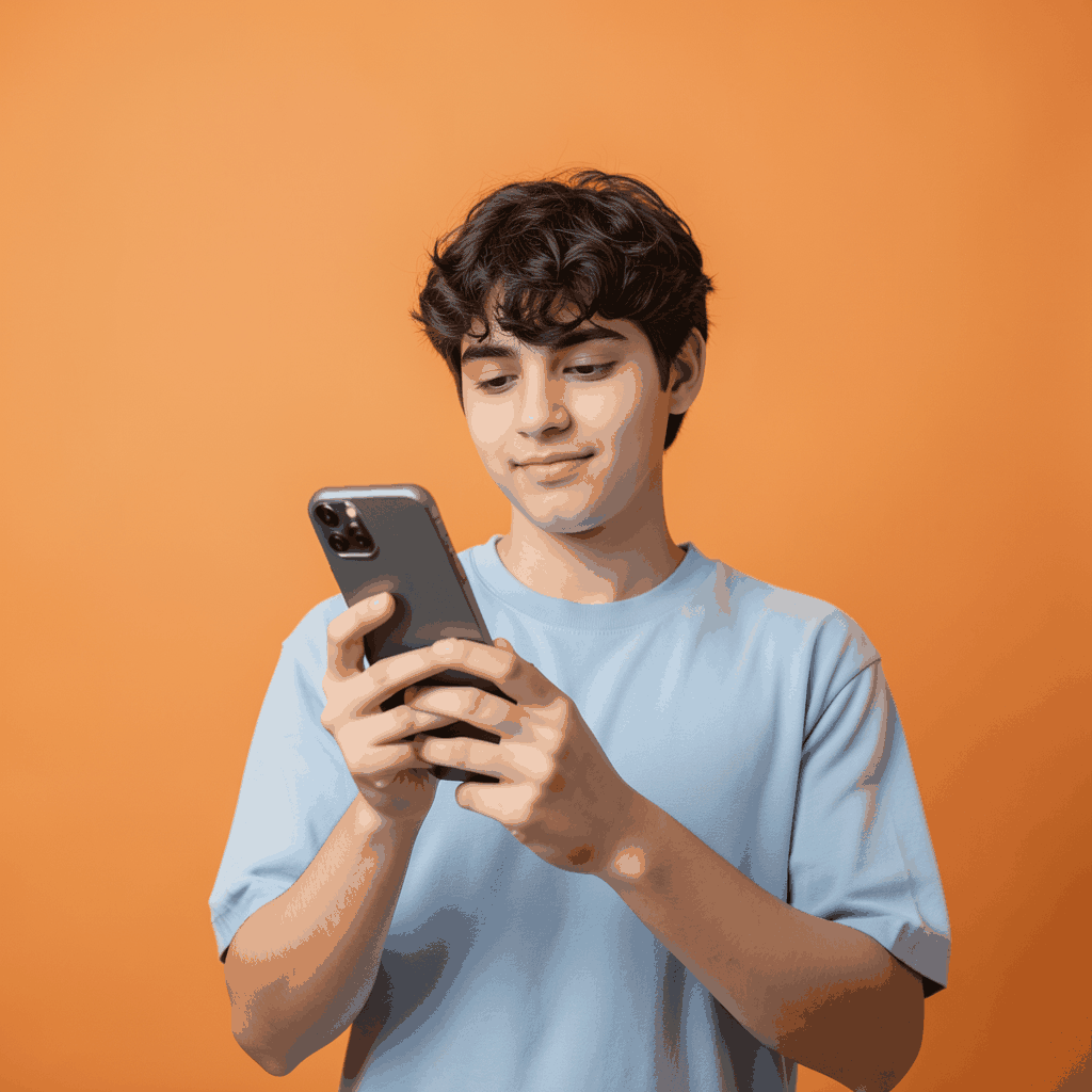 A portrait-style photograph of a young person holding a smartphone against a soft powder-blue seamless backdrop, warm and friendly mood