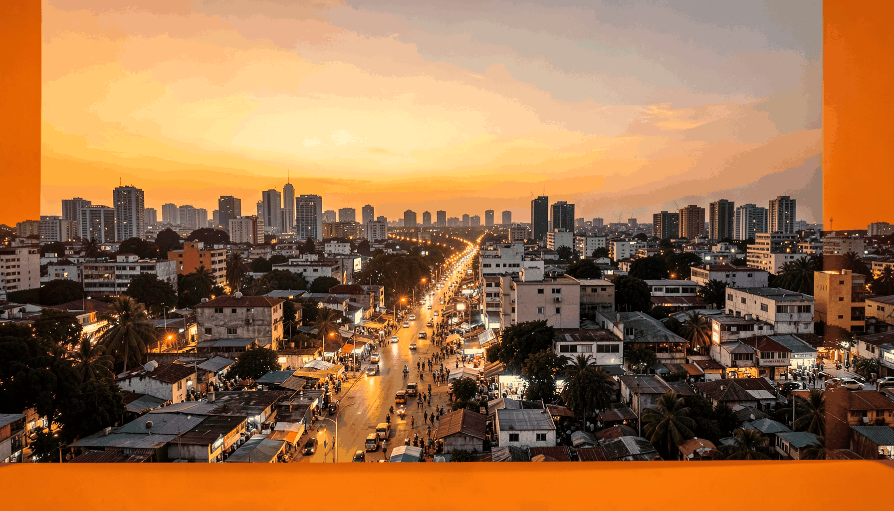 A vibrant wide photograph of a Lagos cityscape at dusk with glowing streetlights and a warm golden sky, evoking an energetic Nigerian urban mood