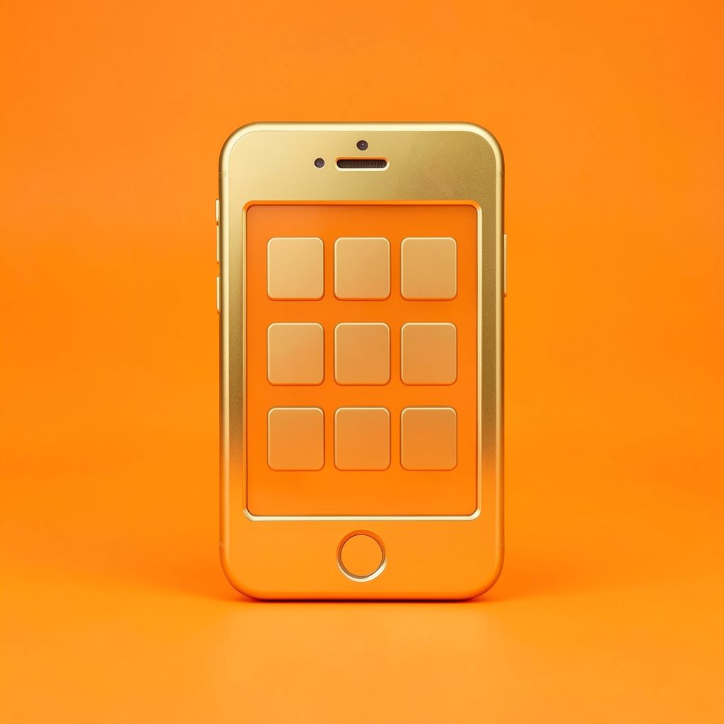 A golden icon of a smartphone with app squares, crisp studio photograph on a seamless backdrop